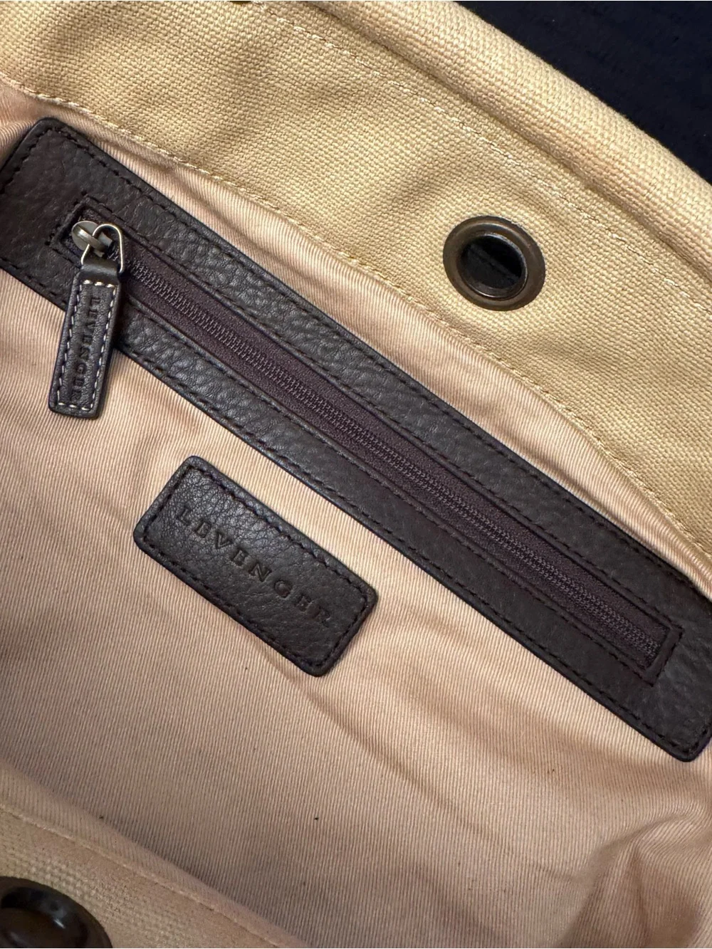 Levenger Canvas Tan and Brown Purse Tote Bag 12” x 16” Zipper Pocket inside
